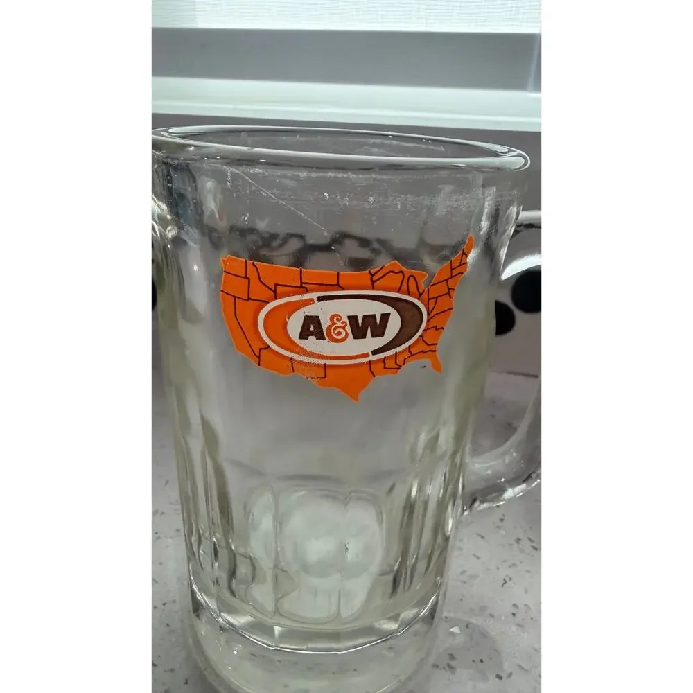 Vintage A&W Root Beer Glass Mugs Set of 2 Orange USA Map Logo Heavy Glass